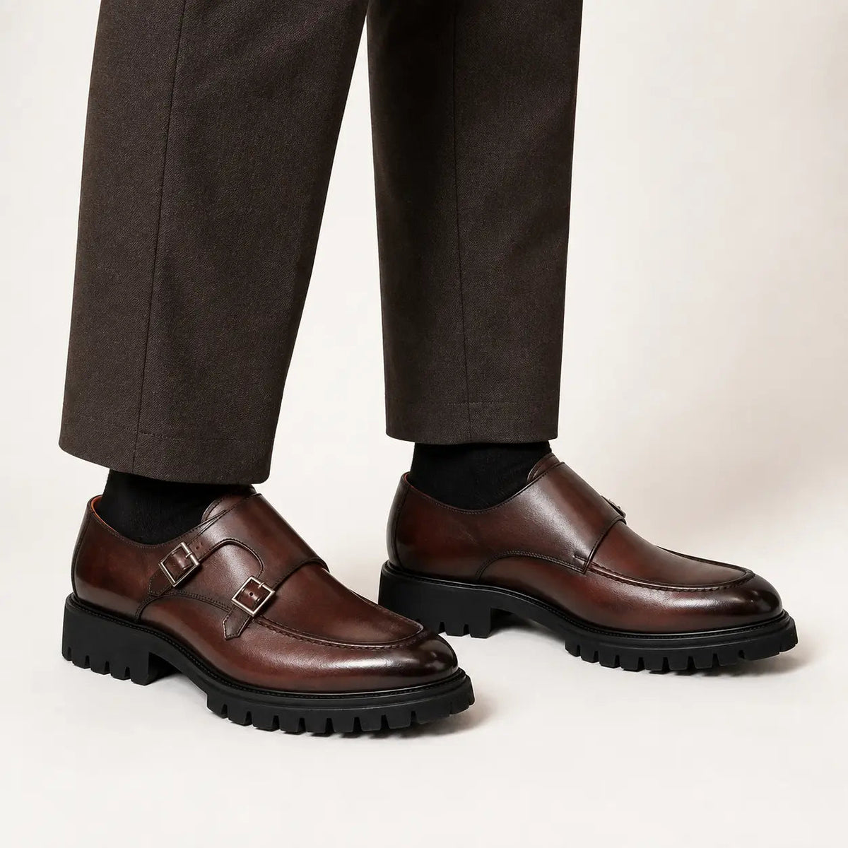 Brown Apron-Toe Double Monk Strap Shoes with Lug Sole