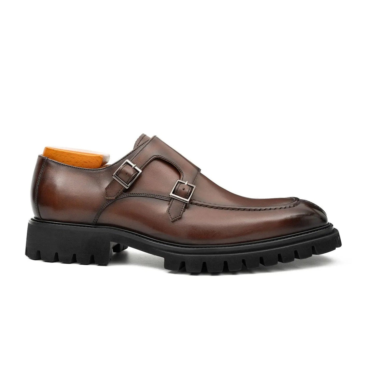 Brown Apron-Toe Double Monk Strap Shoes with Lug Sole