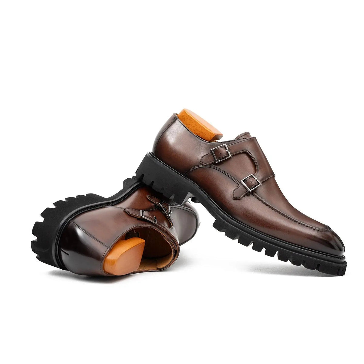 Brown Apron-Toe Double Monk Strap Shoes with Lug Sole