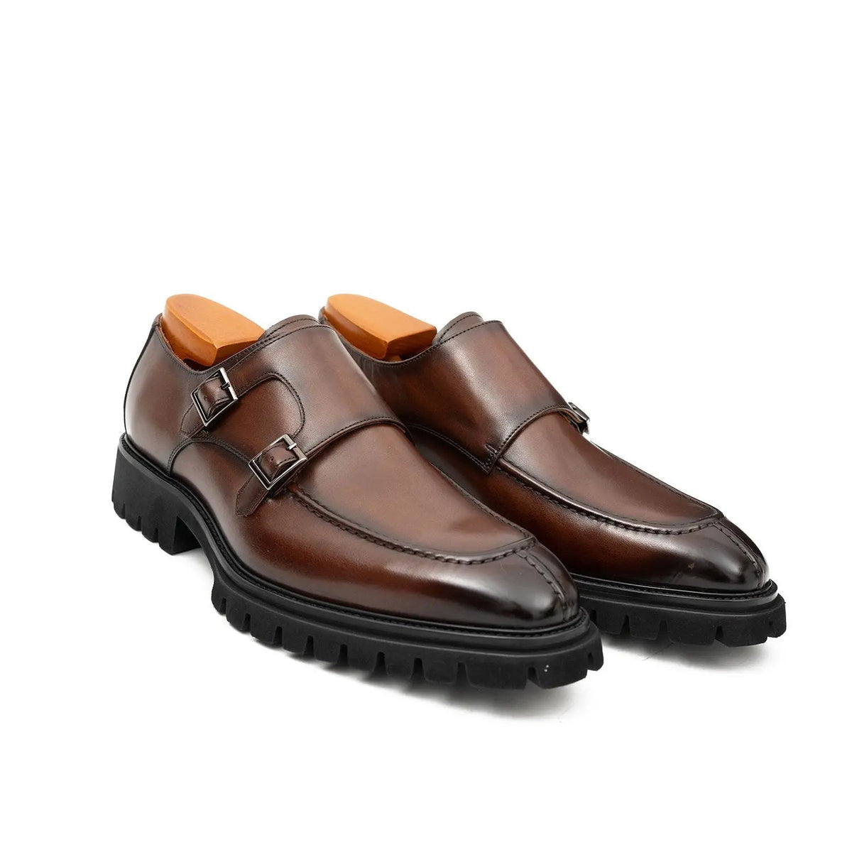 Brown Apron-Toe Double Monk Strap Shoes with Lug Sole