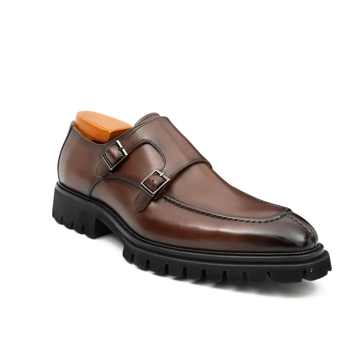 Brown Apron-Toe Double Monk Strap Shoes with Lug Sole