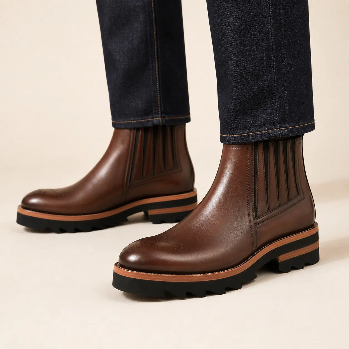 Brown Round-Toe Chelsea Boots with Ribbed Panels
