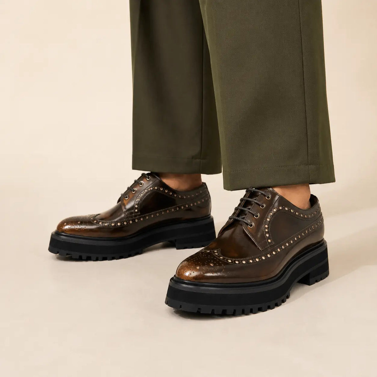 Brown Glossy Lug Sole Wingtip Derby Shoe