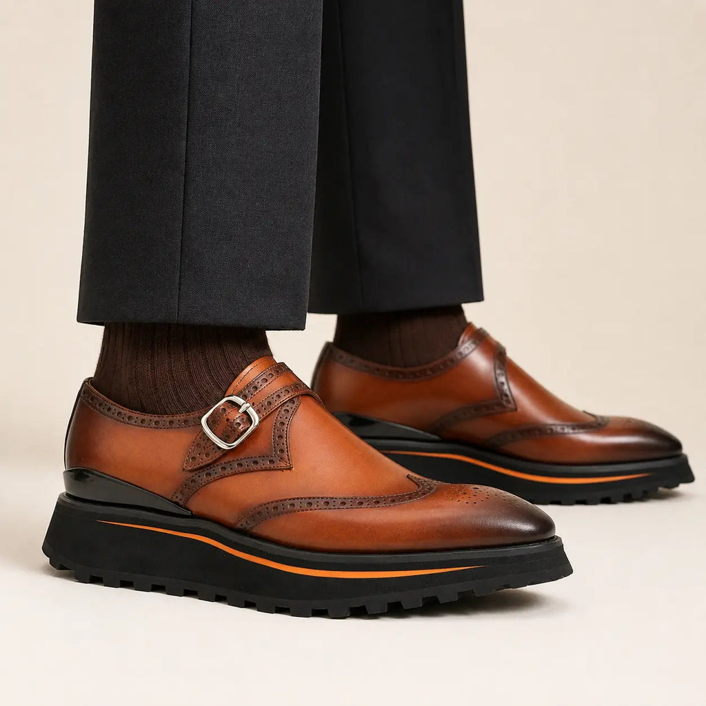 Cognac Brown Wingtip Monk Shoe with Dark Toe