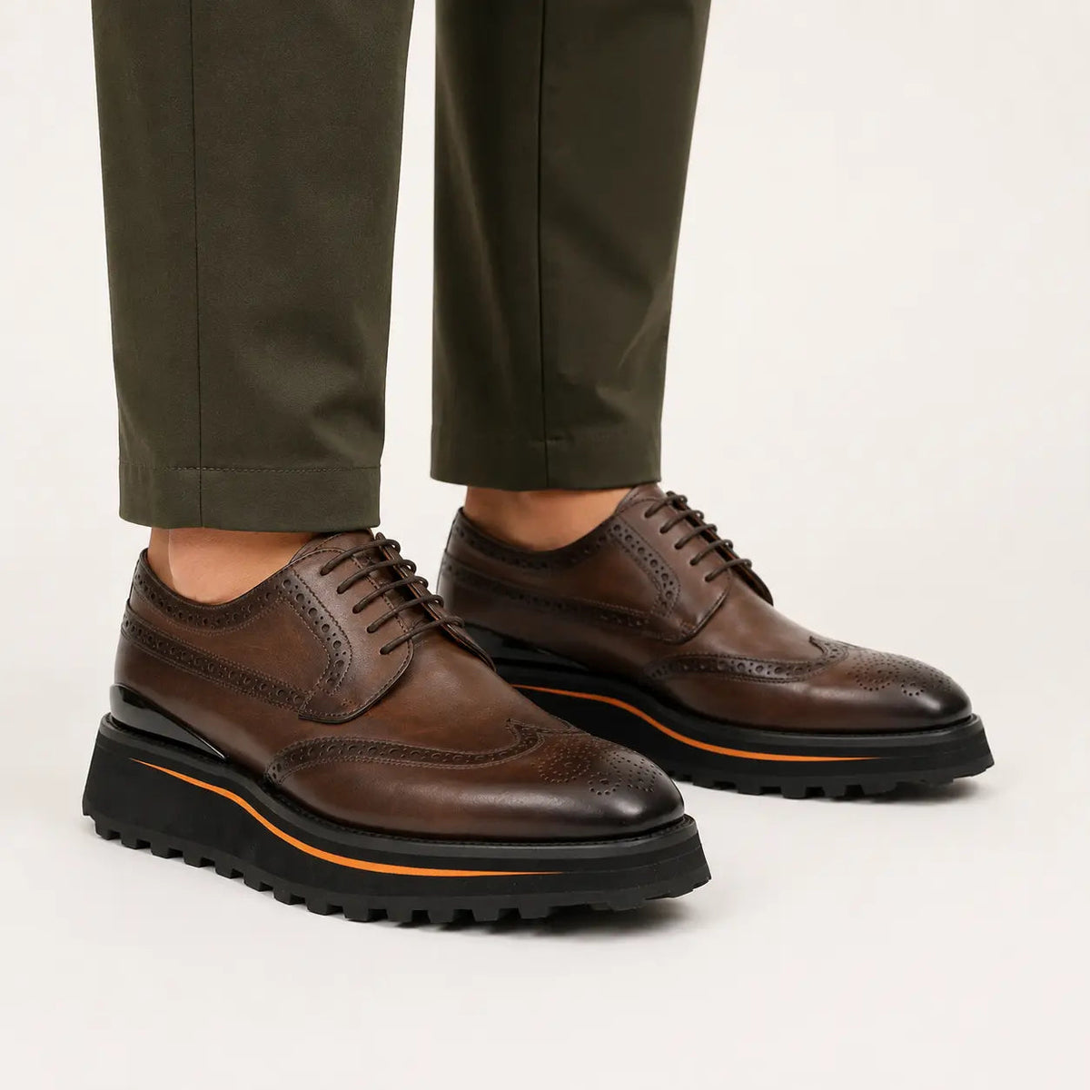 Brown Perforated Wingtip Derby Shoes with Brown-Edge Lug Sole