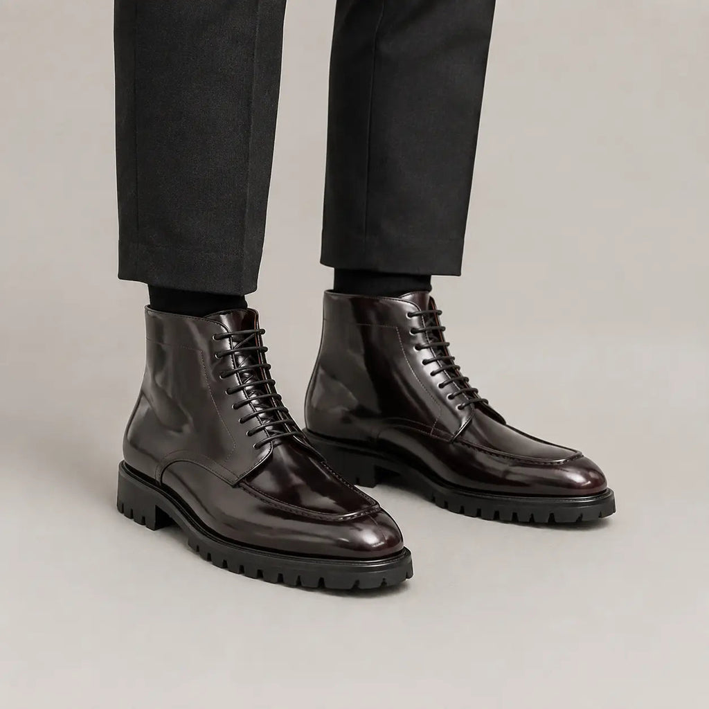 Dark Burgundy Lug Sole Apron-Toe Lace-Up Ankle Boot