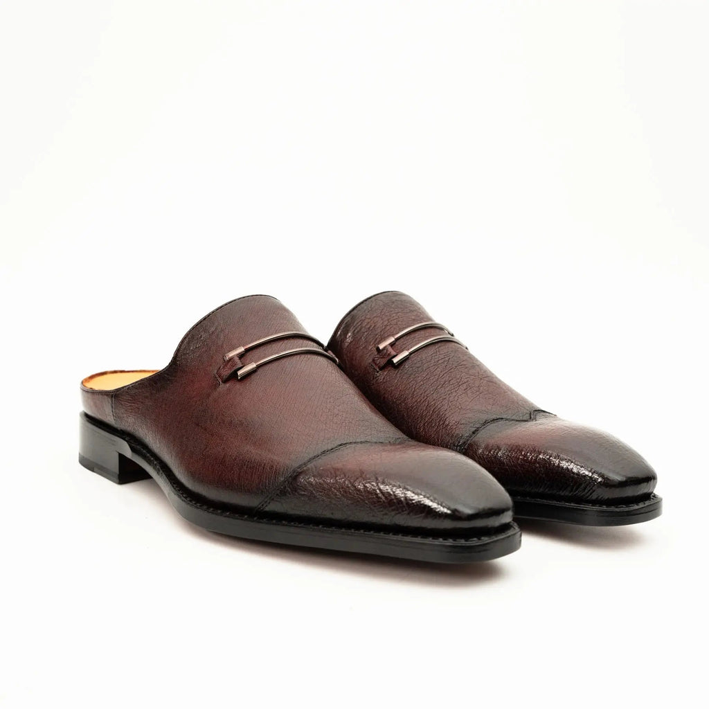 Burgundy Cap-Toe Calf Leather Mule Loafers