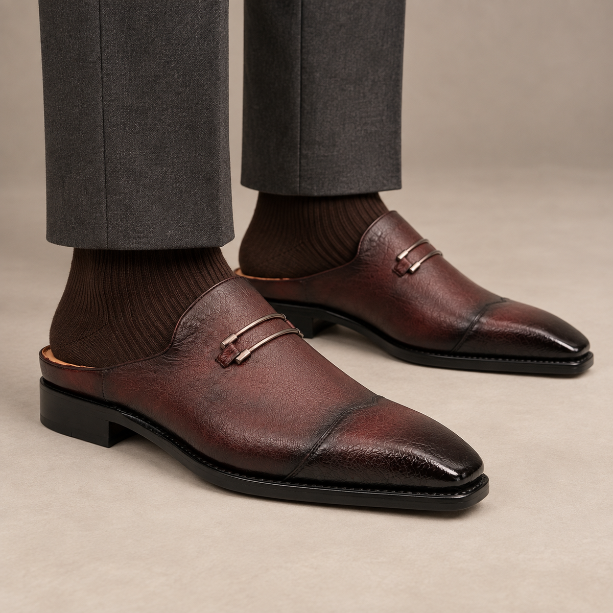 Burgundy Cap-Toe Calf Leather Mule Loafers