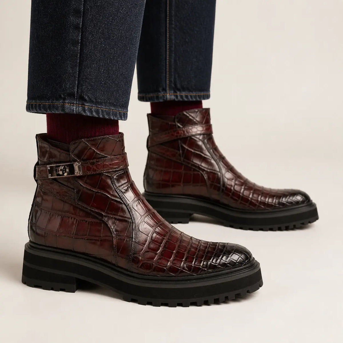 Burgundy Textured Ankle Boot with Buckle Strap