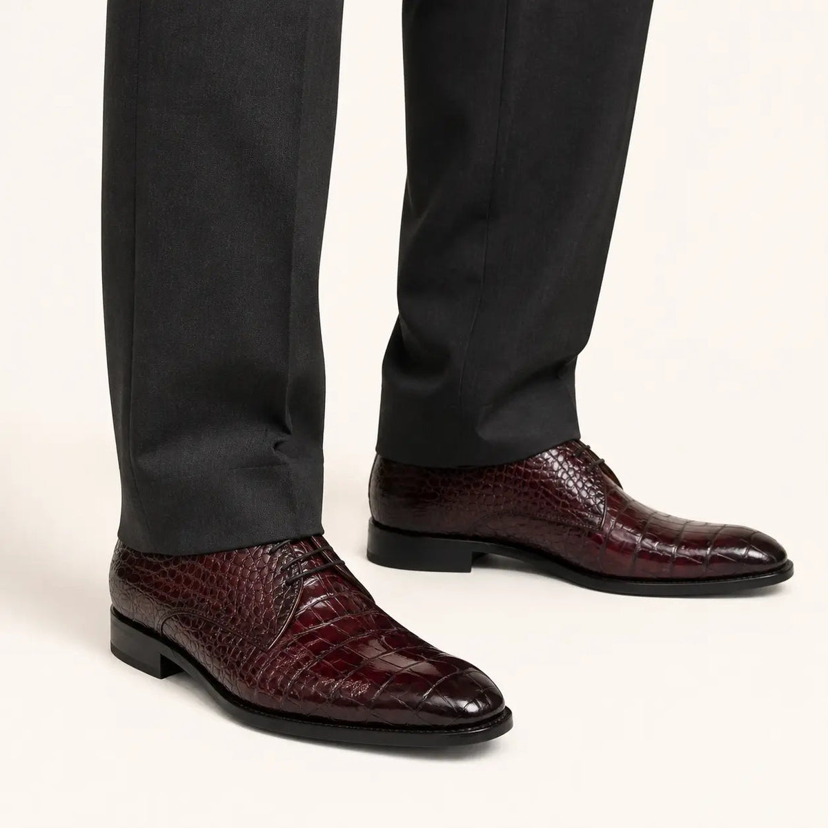 Burgundy Round-Toe Derby Shoes with Scale-Pattern Texture