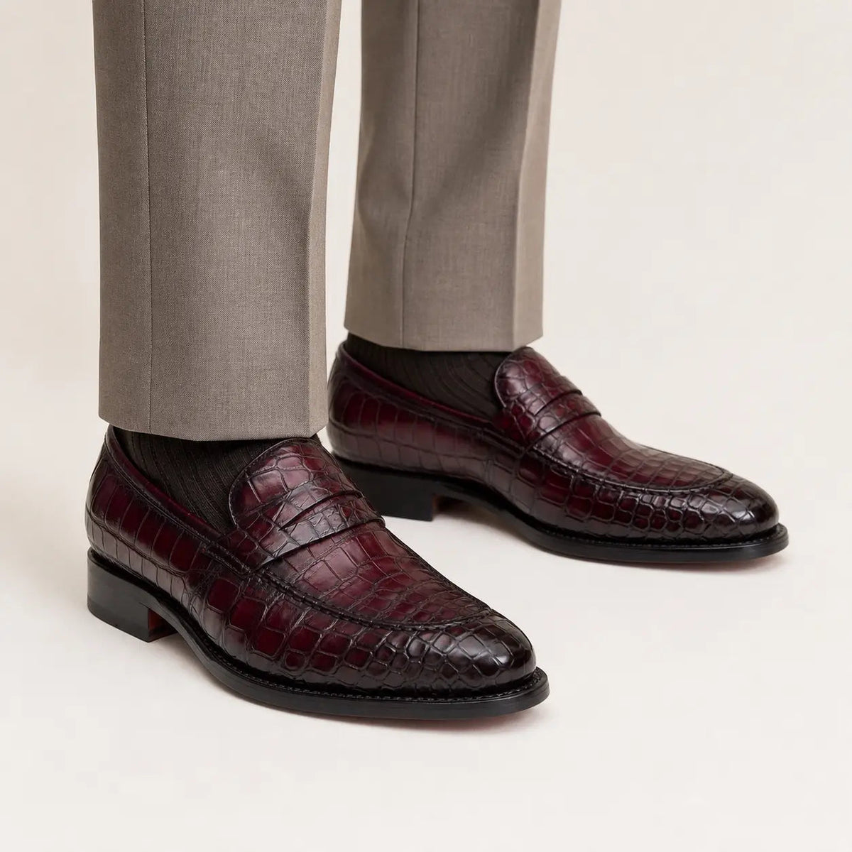 Burgundy Apron-Toe Penny Loafers with Scale-Pattern Texture