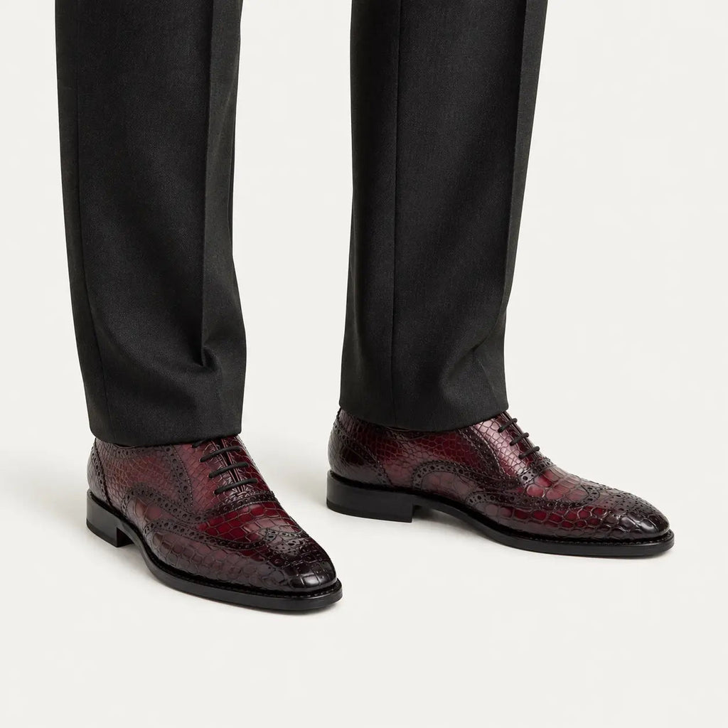 Burgundy Wingtip Oxford Shoes with Scale-Pattern Texture