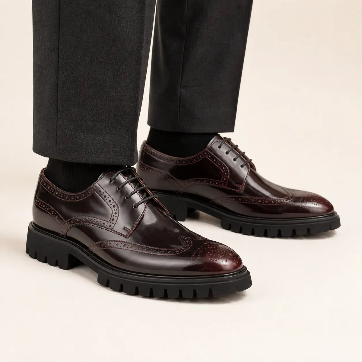 Dark Burgundy Wingtip Derby Shoes with Lug Sole