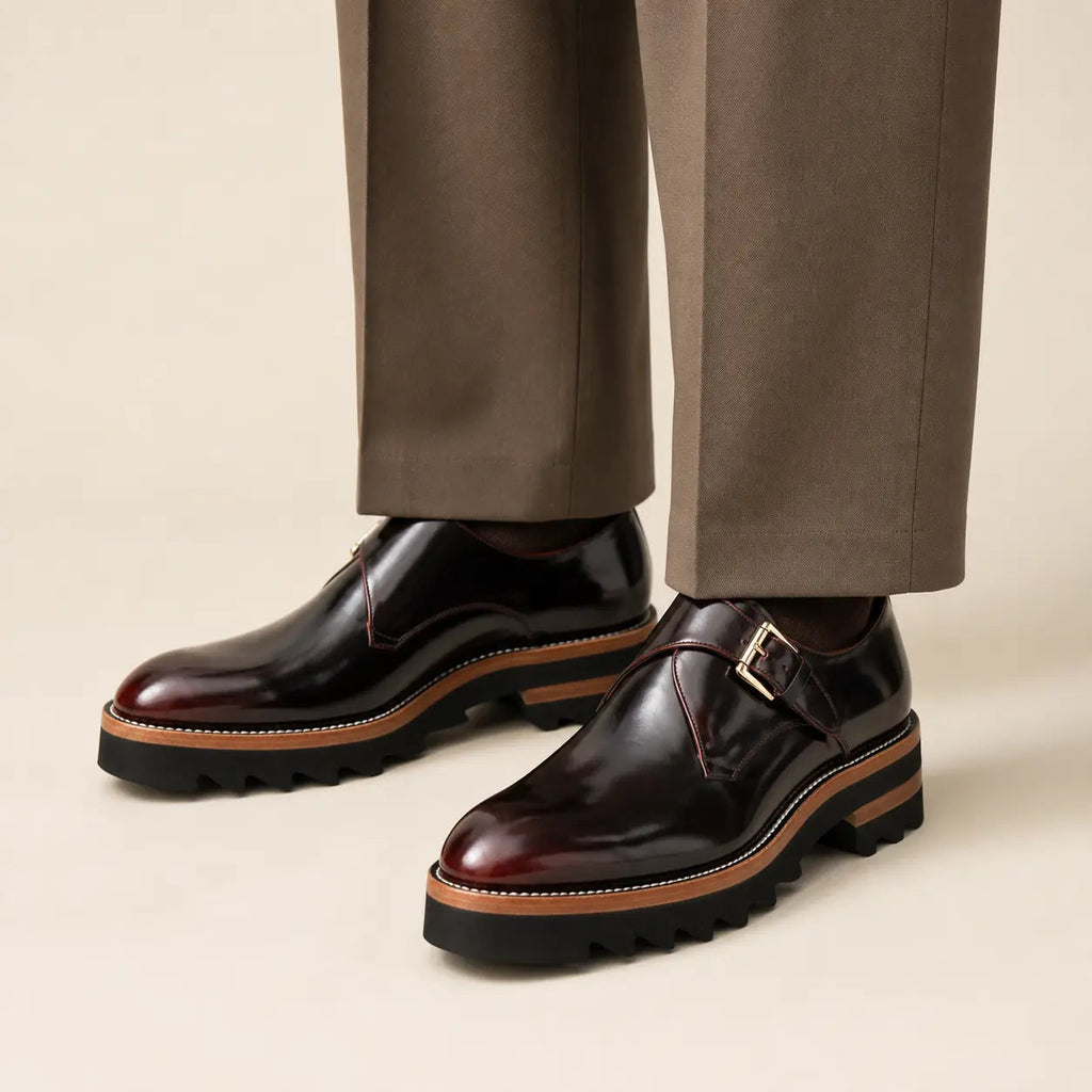 Dark Burgundy Single Monk Strap Shoes with Brown-Band Lug Sole