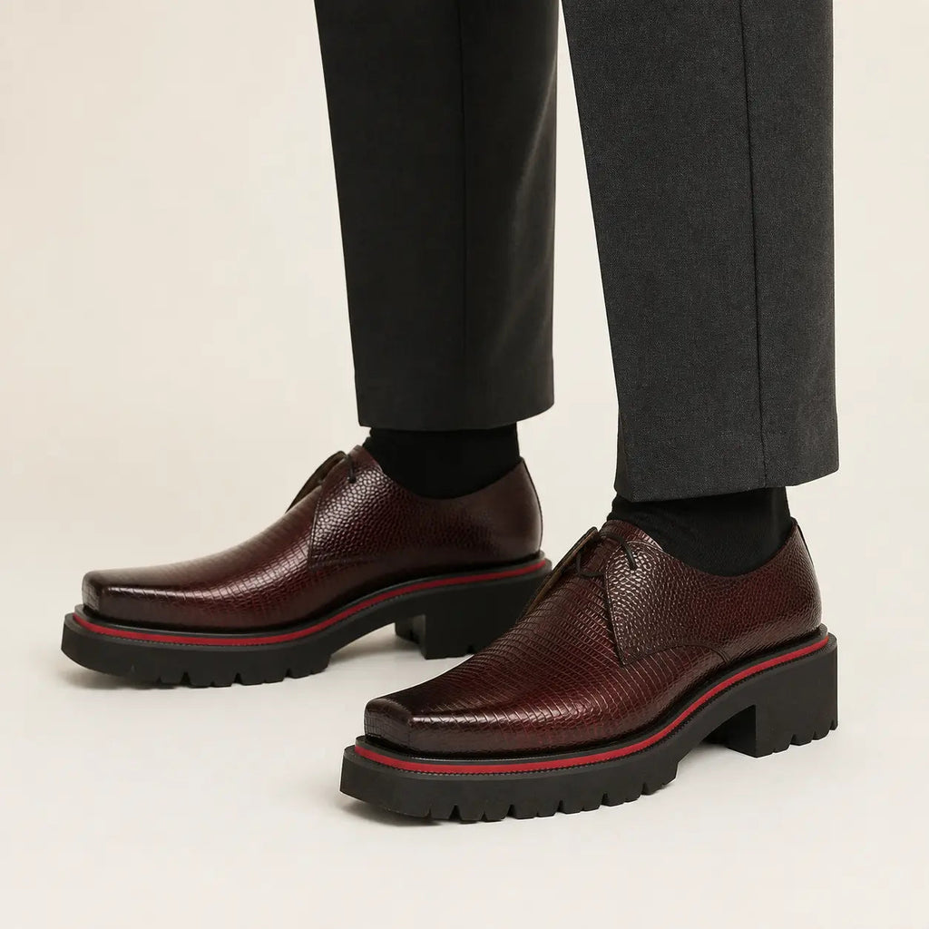 Burgundy Textured Calfskin Derby Shoes with Red Edging