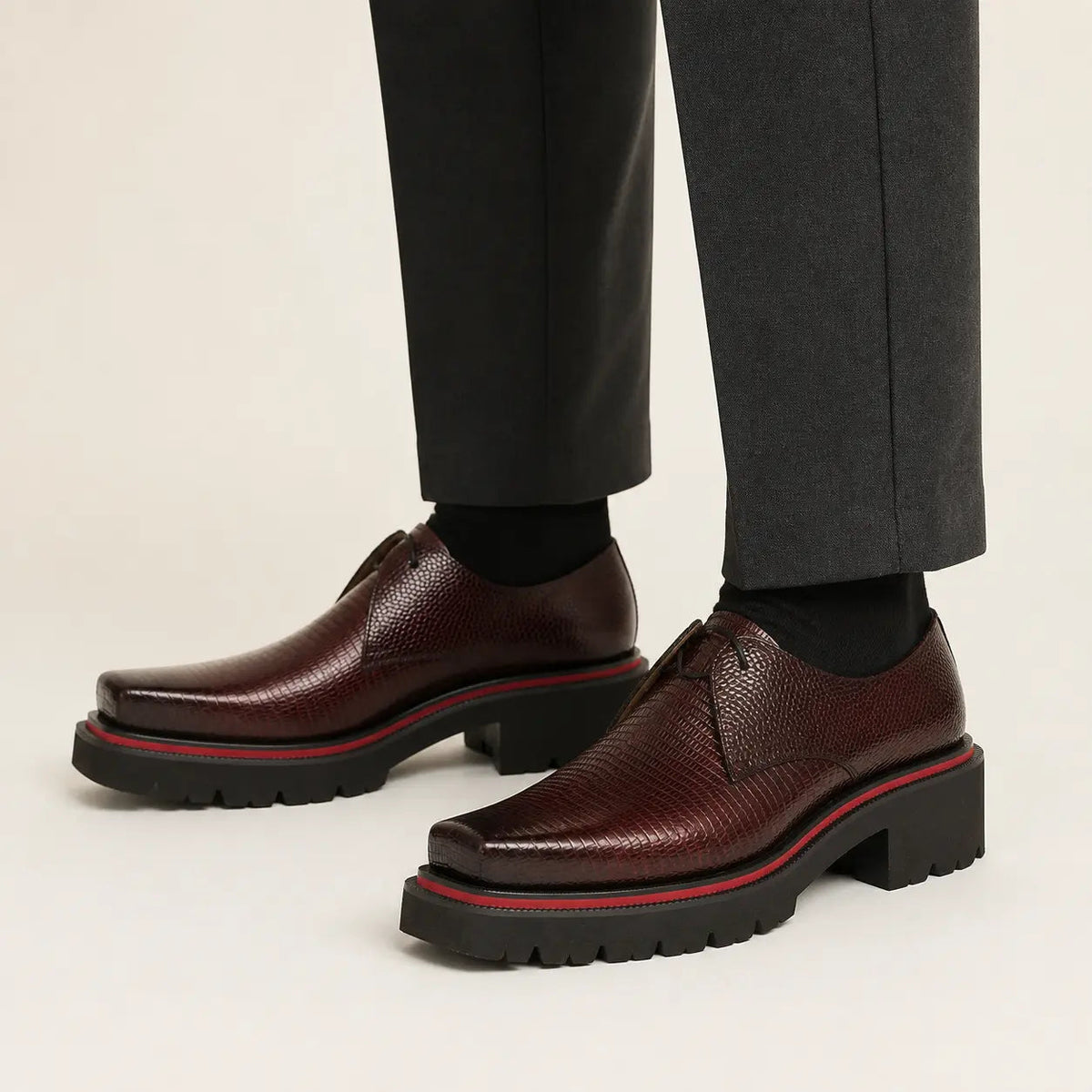 Burgundy Textured Calfskin Derby Shoes with Red Edging