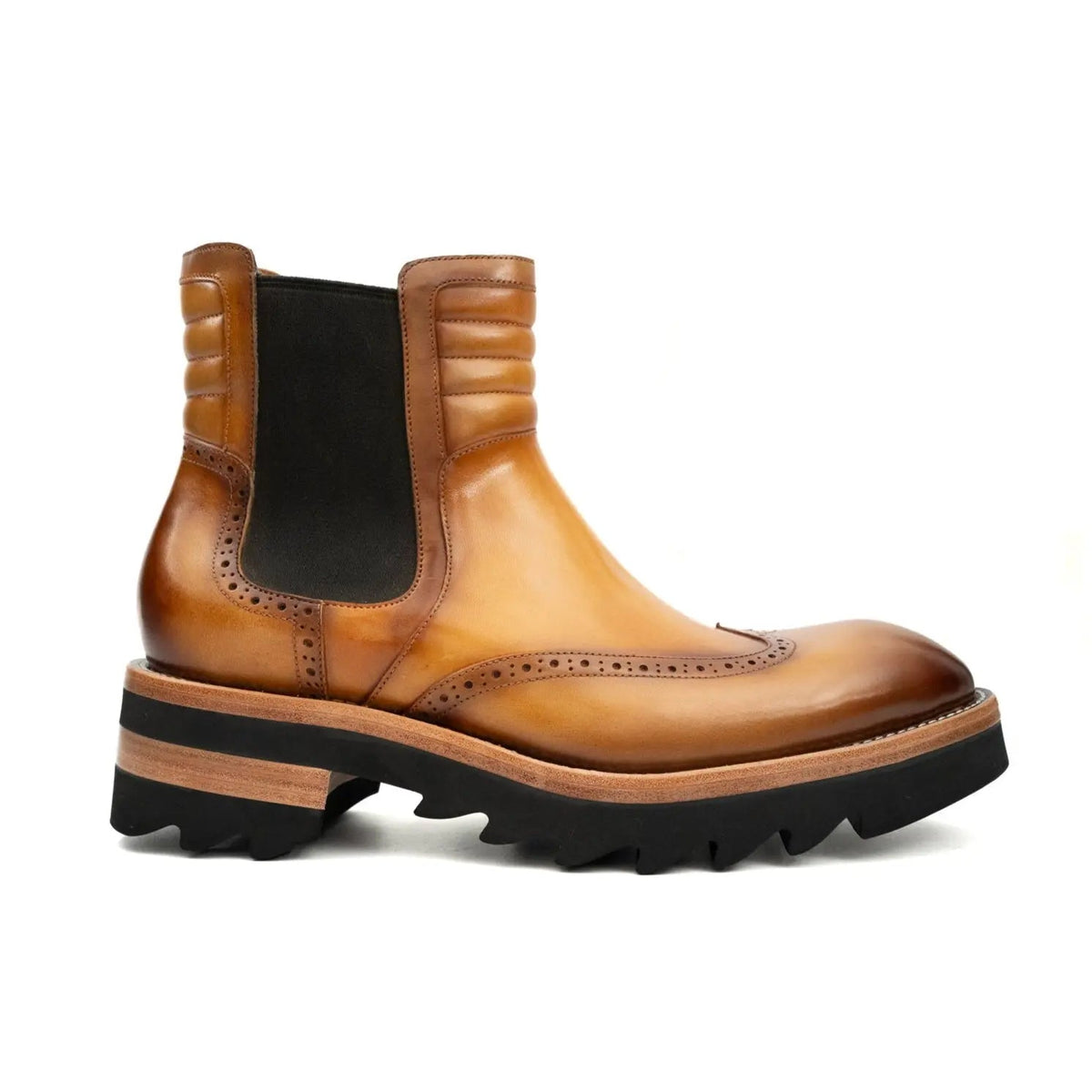 Golden Tan-Brown Lug Sole Wingtip Chelsea Ankle Boot