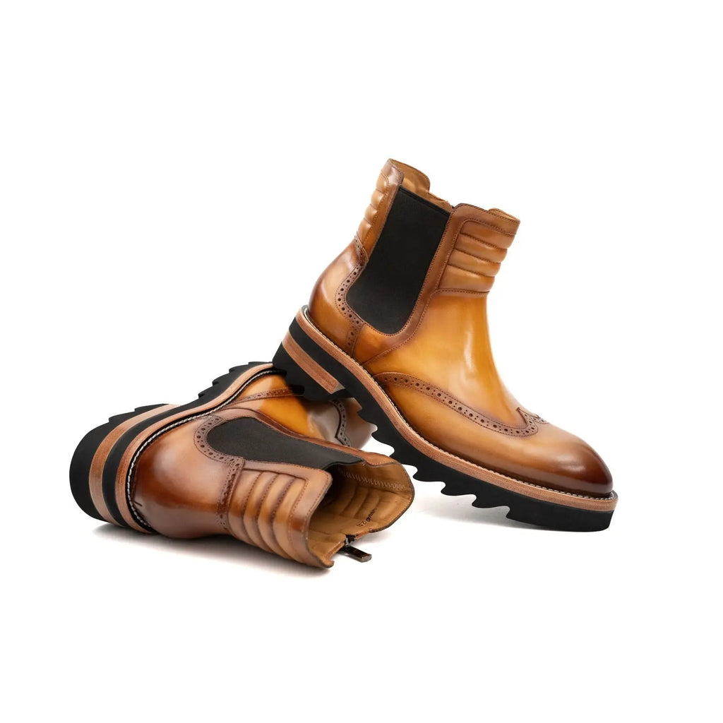 Golden Tan-Brown Lug Sole Wingtip Chelsea Ankle Boot