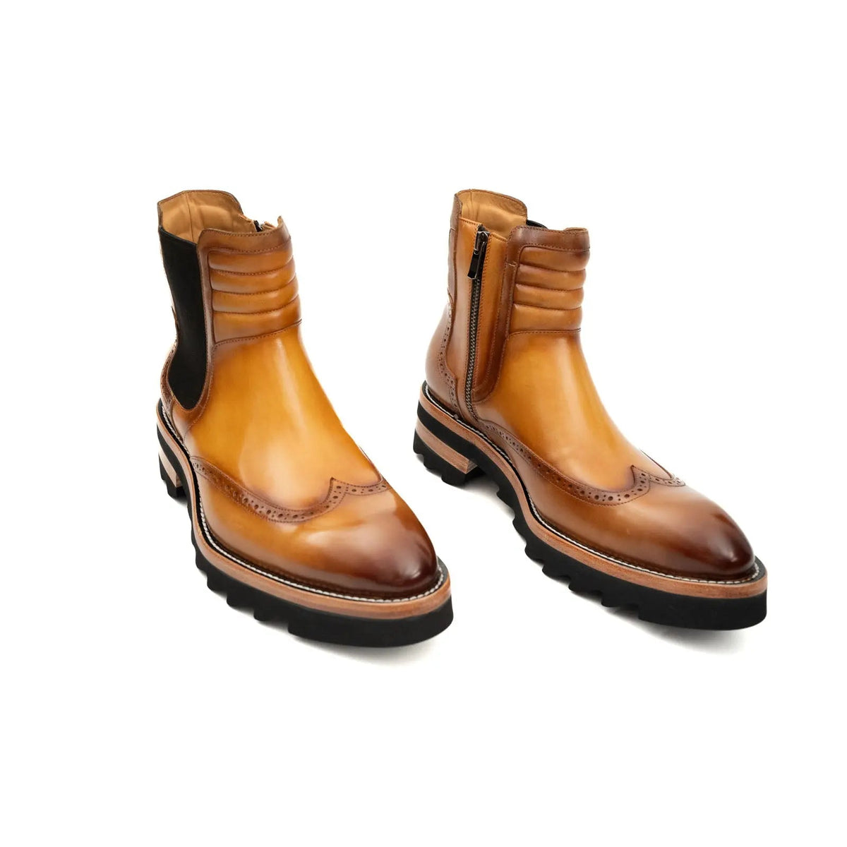 Golden Tan-Brown Lug Sole Wingtip Chelsea Ankle Boot