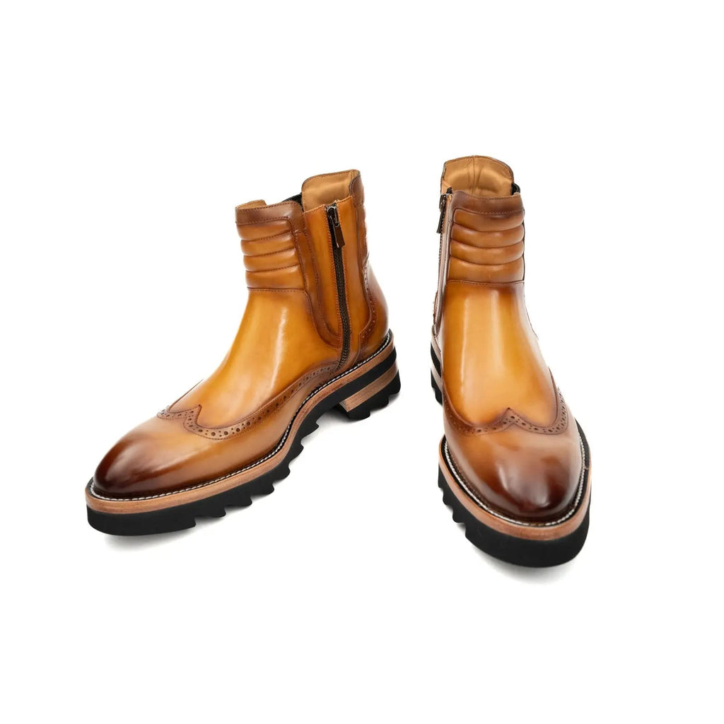 Golden Tan-Brown Lug Sole Wingtip Chelsea Ankle Boot