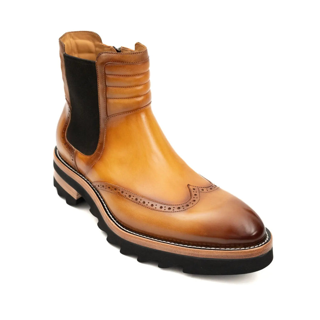 Golden Tan-Brown Lug Sole Wingtip Chelsea Ankle Boot
