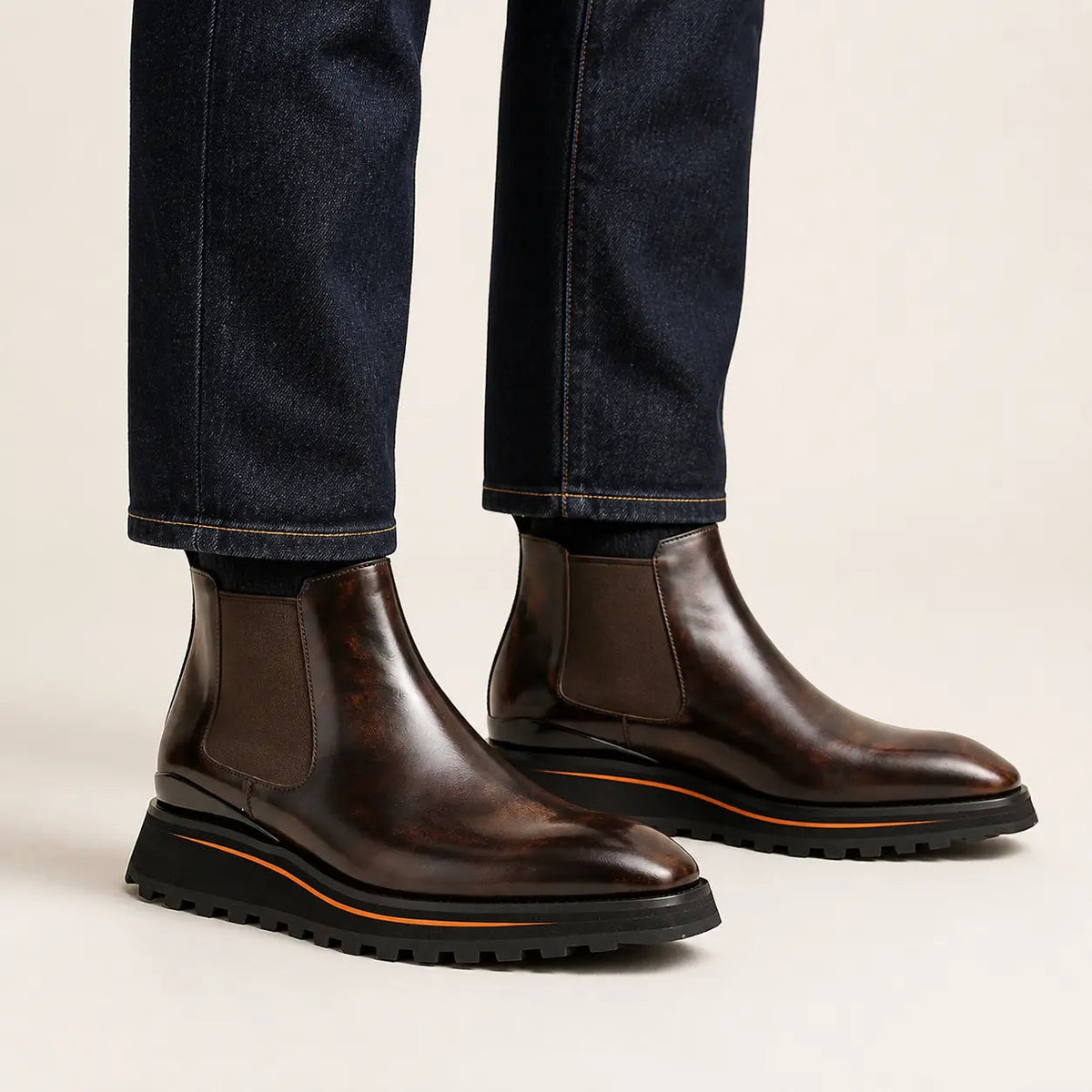 Brown Plain-Toe Chelsea Boots with Brown-Edge Lug Sole