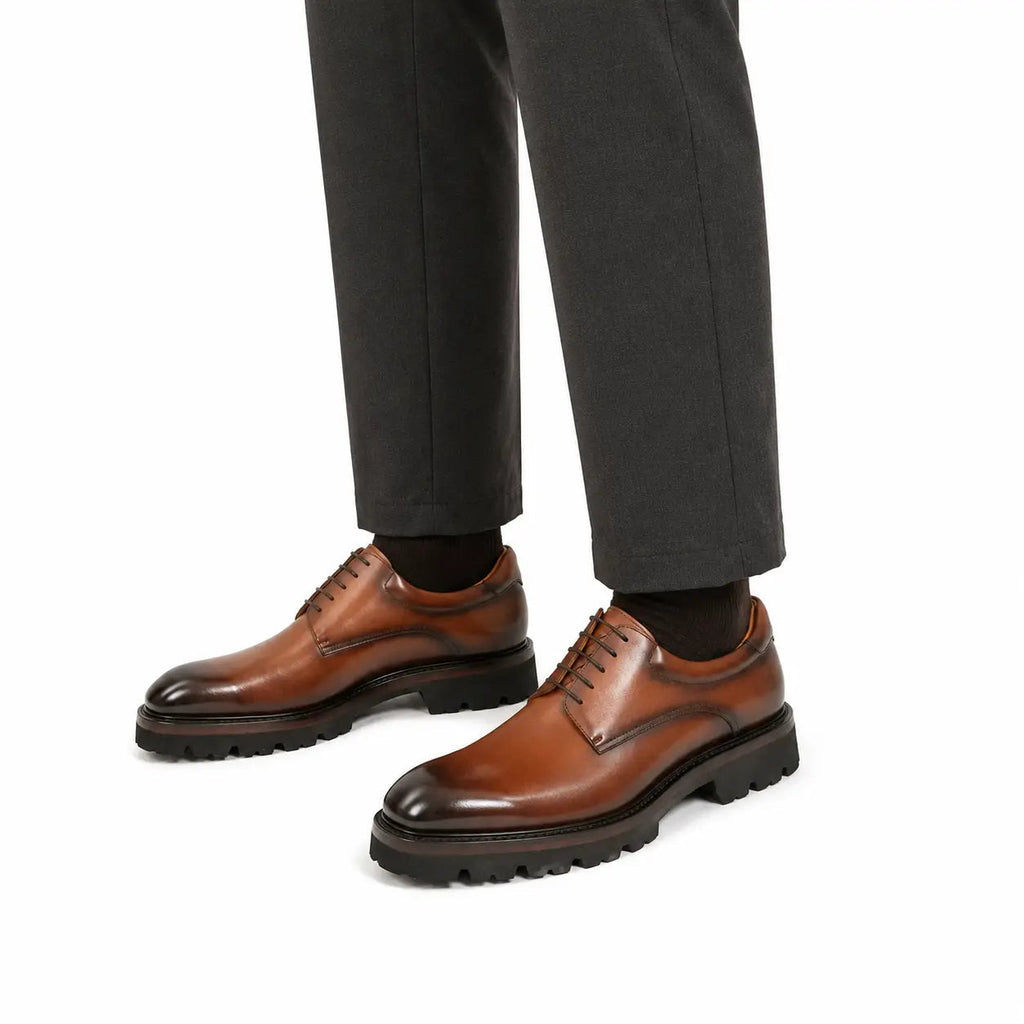 Brown Plain-Toe Derby Shoes with Lug Sole