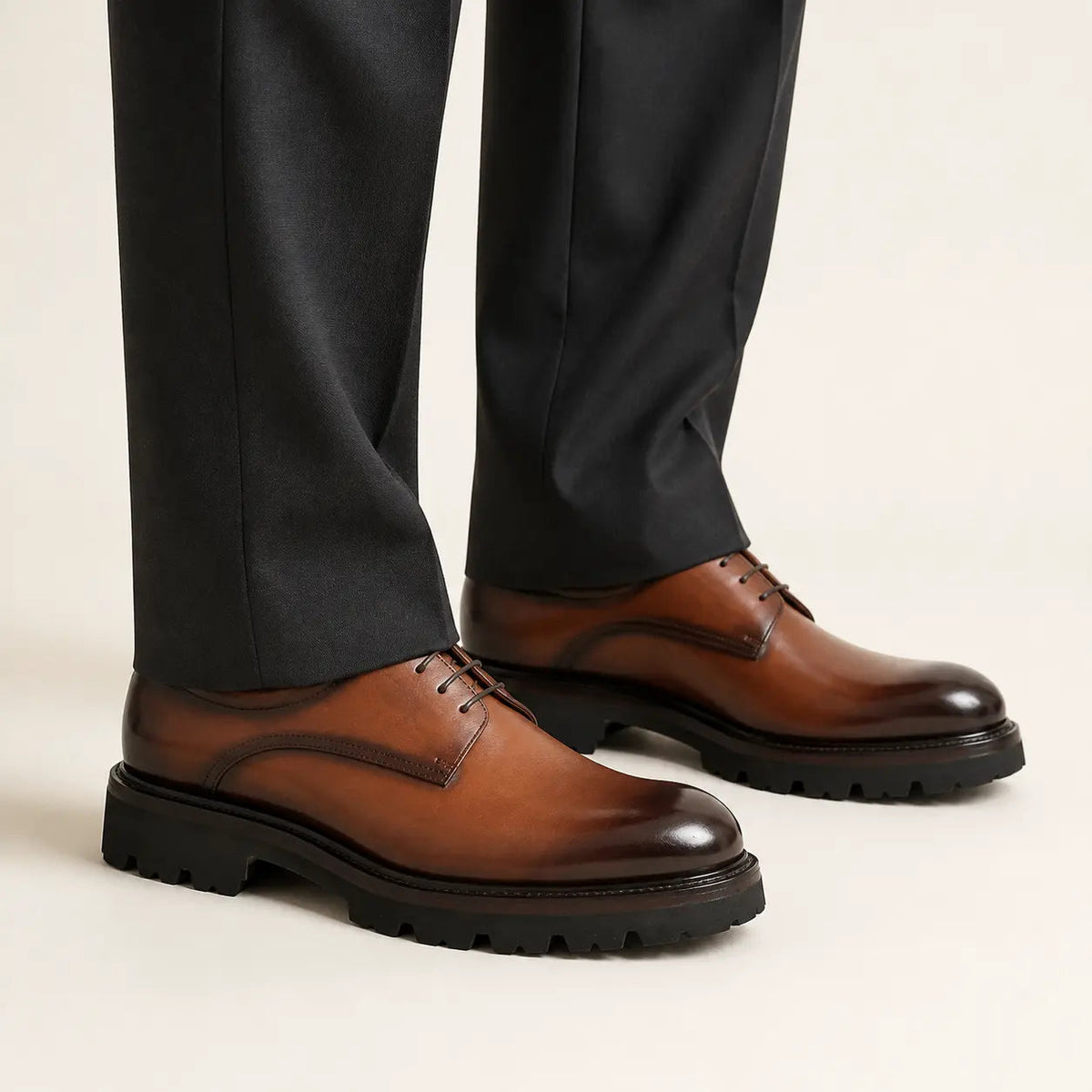 Brown Plain-Toe Derby Shoes with Lug Sole