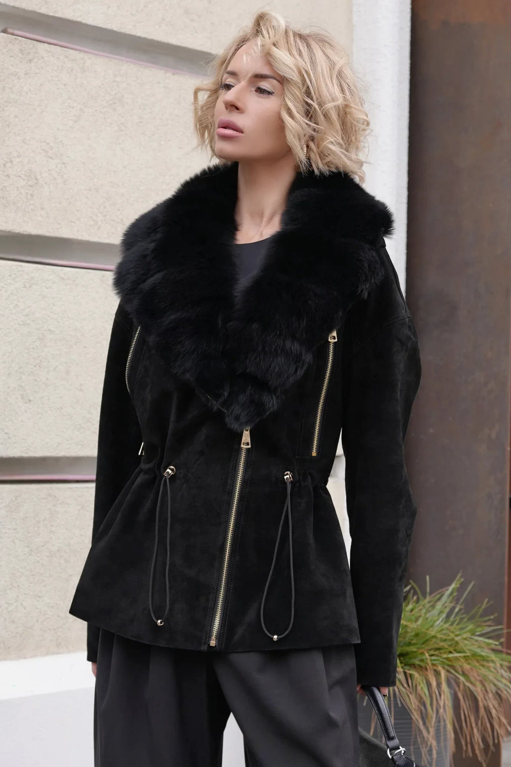 Vivienne Genuine Suede Polar Fox Trim Coat in Black