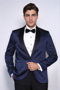 Patterned Shawl Lapel Navy Blue Men Tuxedo Jacket - Wessi