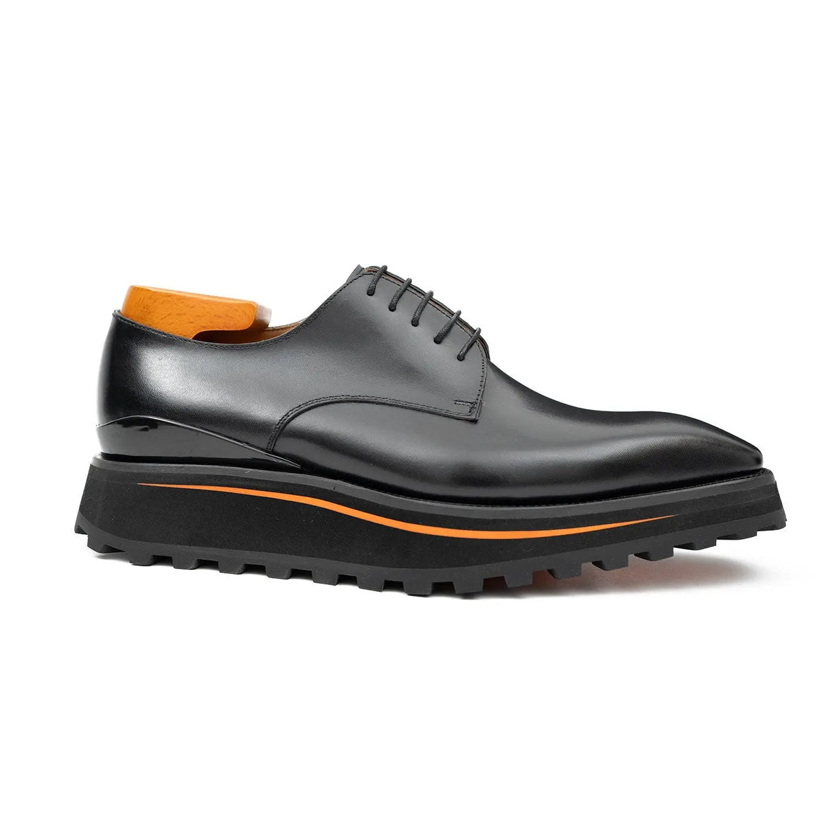 Black Plain-Toe Derby Shoes with Brown-Edge Lug Sole