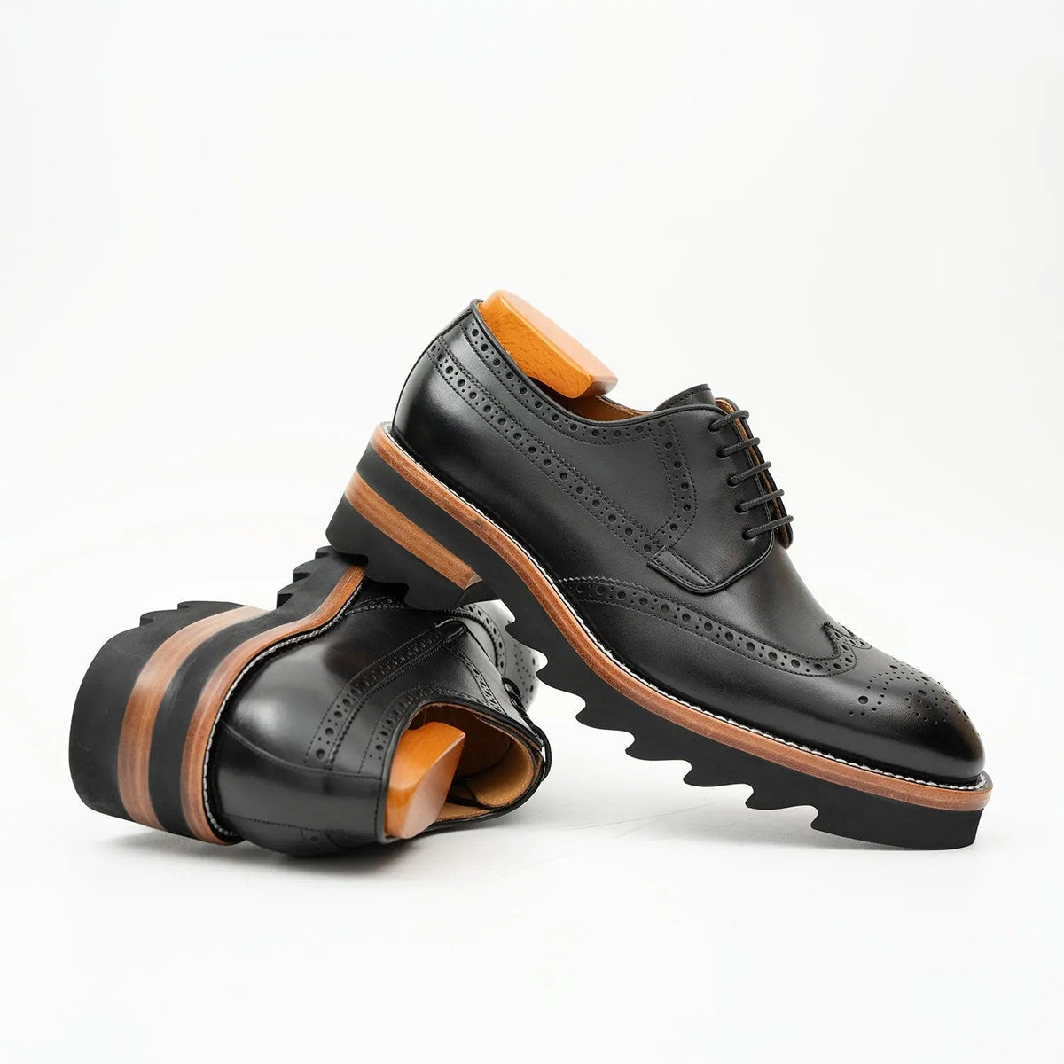 Black Wingtip Derby Shoes with Brown-Band Lug Sole