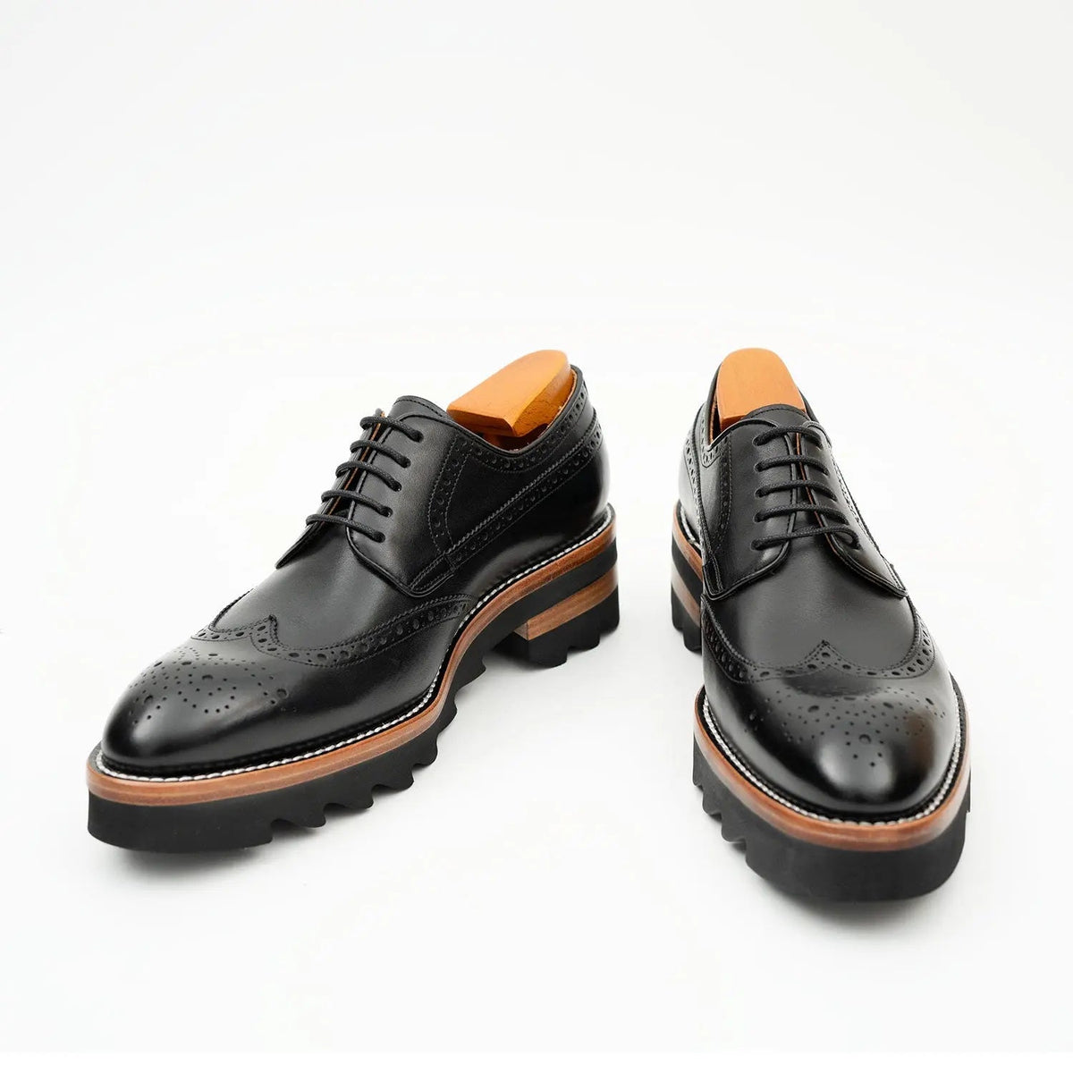 Black Wingtip Derby Shoes with Brown-Band Lug Sole