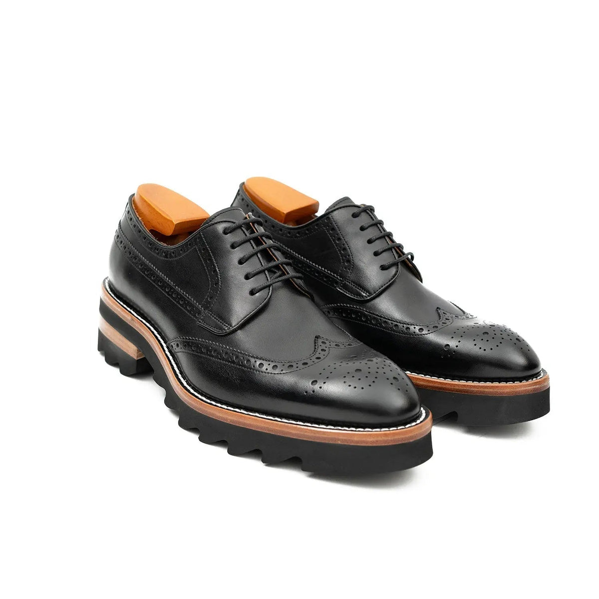 Black Wingtip Derby Shoes with Brown-Band Lug Sole