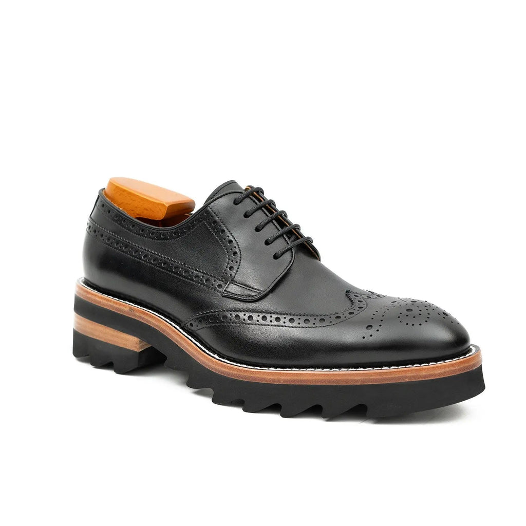 Black Wingtip Derby Shoes with Brown-Band Lug Sole
