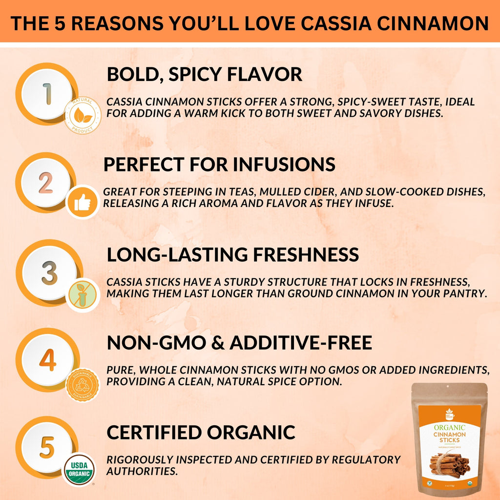 Organic Cassia Cinnamon Sticks — USDA Certified | Chai, Mulled Wine & Baking