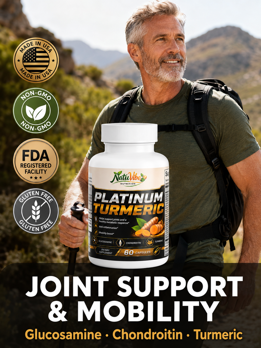 Platinum Turmeric™ – Glucosamine, Chondroitin & Turmeric | Joint Support, Anti-Inflammation & Mobility Boost | 60 Caps