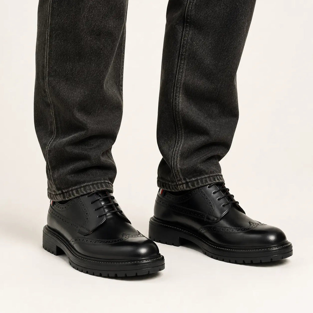 Black Polished Wingtip Derby Shoes with Tongue Tab