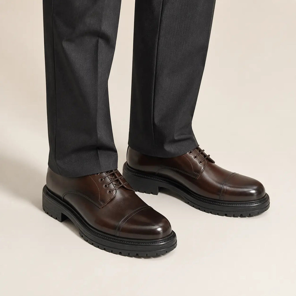 Dark Brown Cap-Toe Derby Shoes with Metal Eyelets