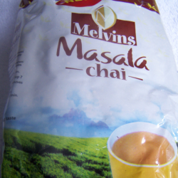 Close-up of Melvins Masala Chai brand label on 250g resealable tea bag
