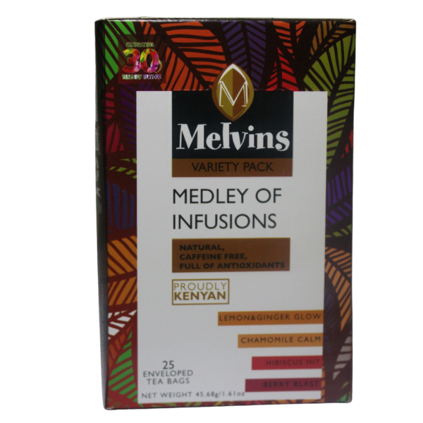 Melvins Medley of Infusions tea bags close up front design