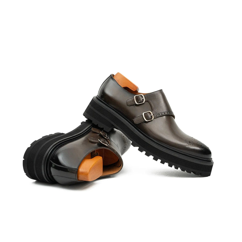 Dark Brown Lug Sole Double Buckle Monk Shoe