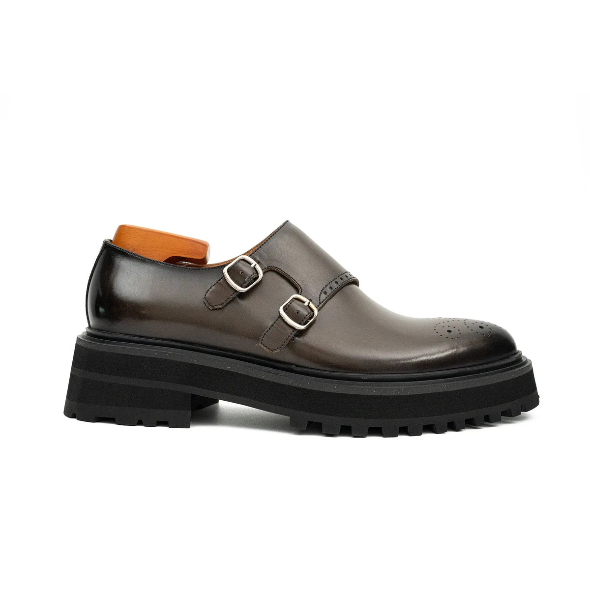 Dark Brown Lug Sole Double Buckle Monk Shoe