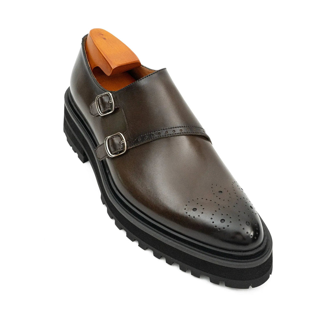 Dark Brown Lug Sole Double Buckle Monk Shoe