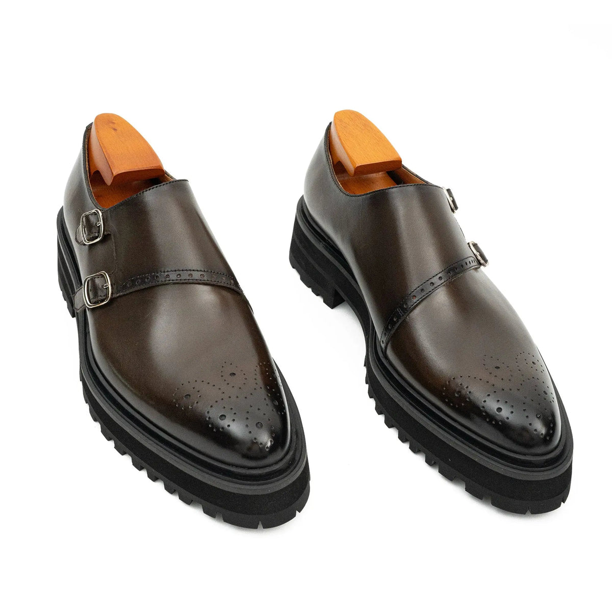Dark Brown Lug Sole Double Buckle Monk Shoe