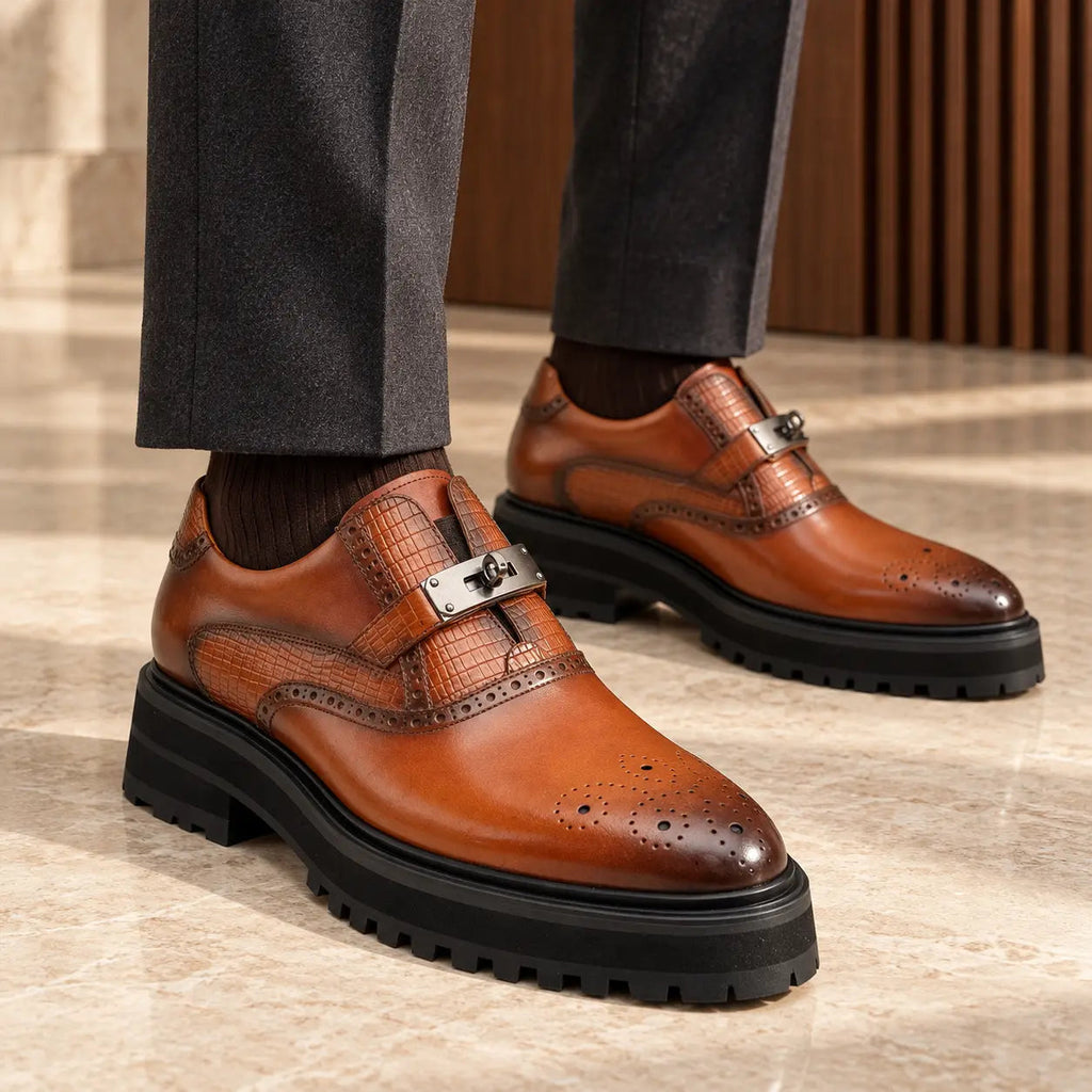 Cognac Brown Textured Lug Sole Single Buckle Monk Shoe