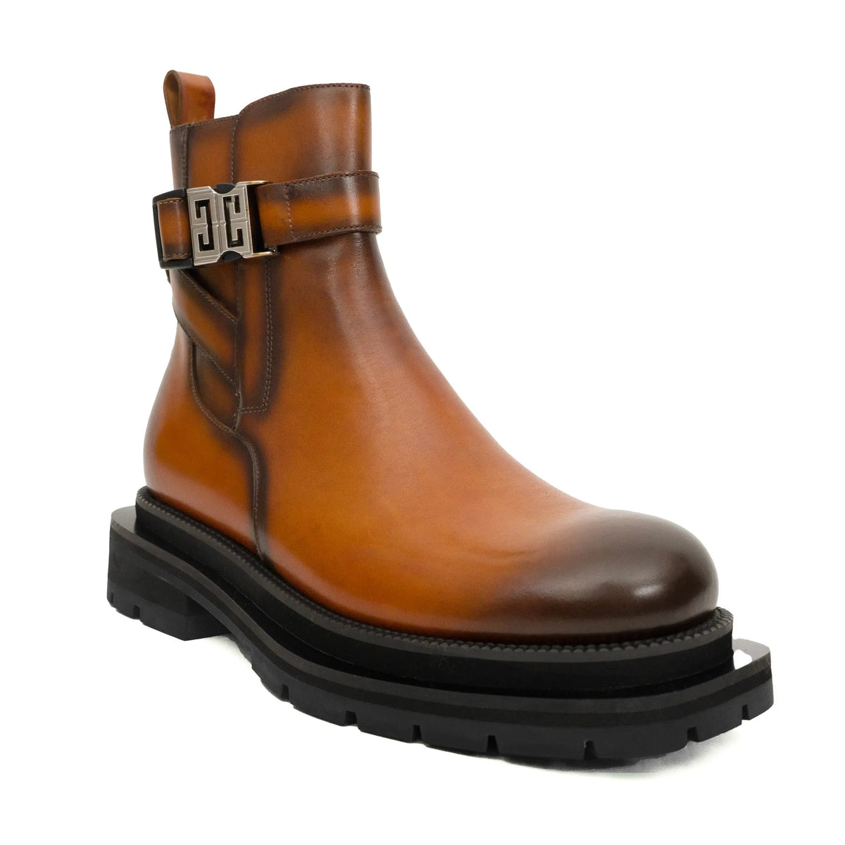 Tan Plain-Toe Cow Leather Buckle Ankle Boots