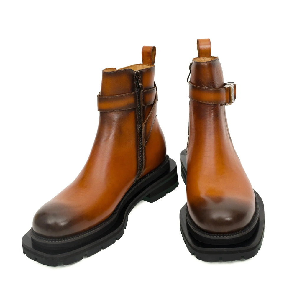 Tan Plain-Toe Cow Leather Buckle Ankle Boots