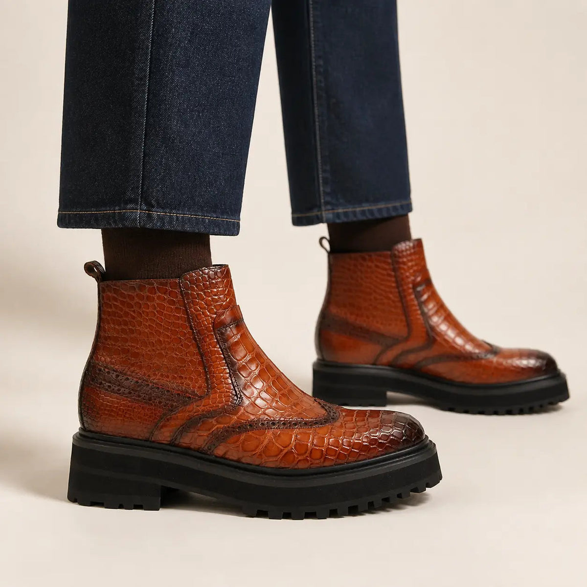 Orange-Brown Textured Wingtip Chelsea Boot