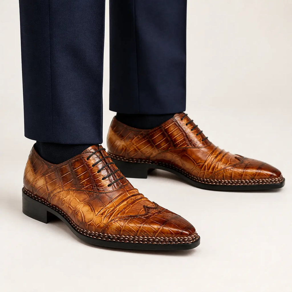 Golden Brown Square-Toe Oxford Shoes with Scale-Pattern Texture